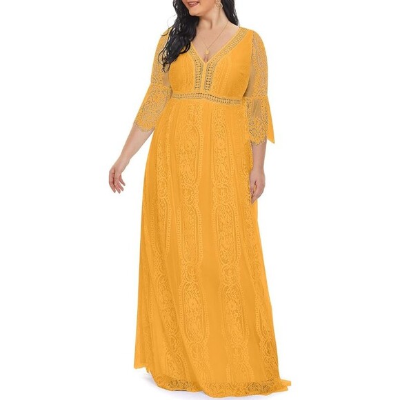 Womens Boho Maxi Floral Lace Boho Party Dress V Neck Flowy Long‎ Yellow Size 20 - Picture 2 of 16